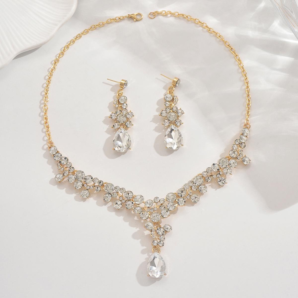 Elegant Gold Rhinestone Necklace  Earring Set for Brides
