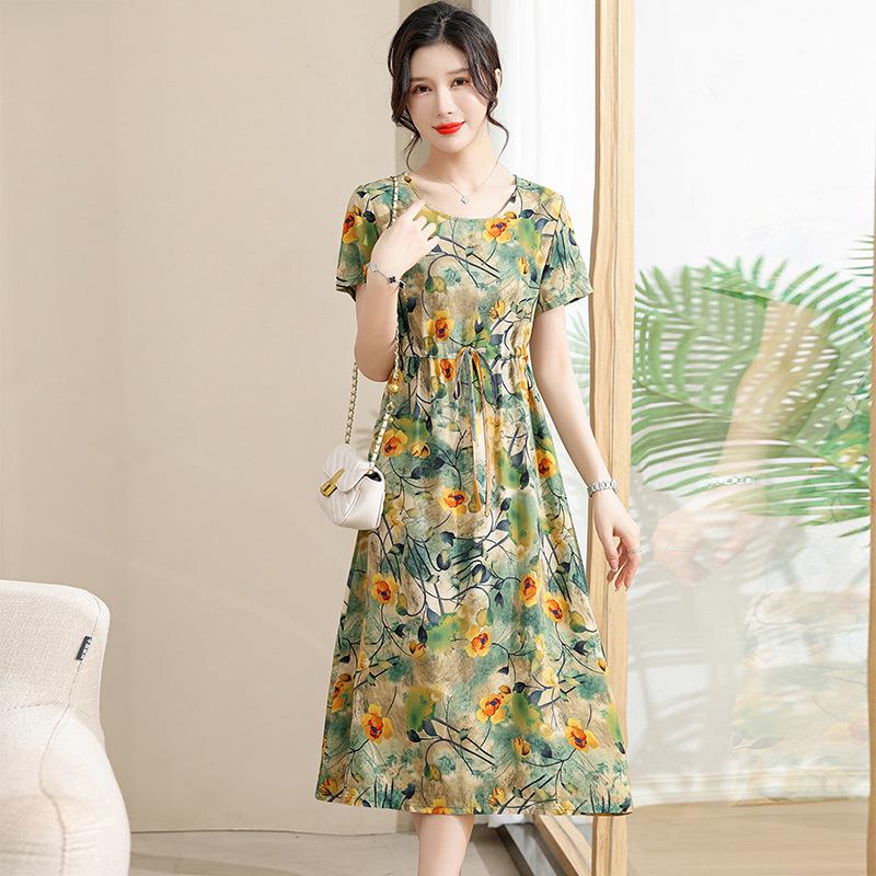 Elegant Floral Summer Dress for Women - Mid-Length, Loose Fit, Plus Size, Tummy Concealing, Cotton Silk Blend