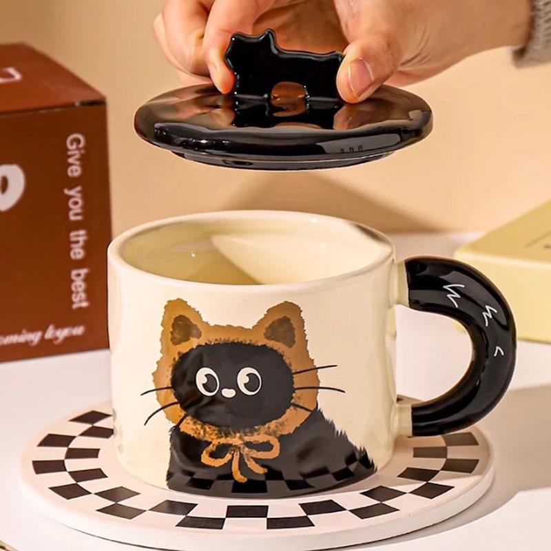 Roztomilý keramický hrnek s víčkem s kočkou, šálek na kávu, hrnek na pití, kancelářský dárek, praktický dárek k narozeninám