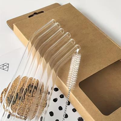 One Set of 6 Straws + 1 Brush High Borosilicate Transparent Glass Heat-resistant, Washable and Reusable Juice Straws.