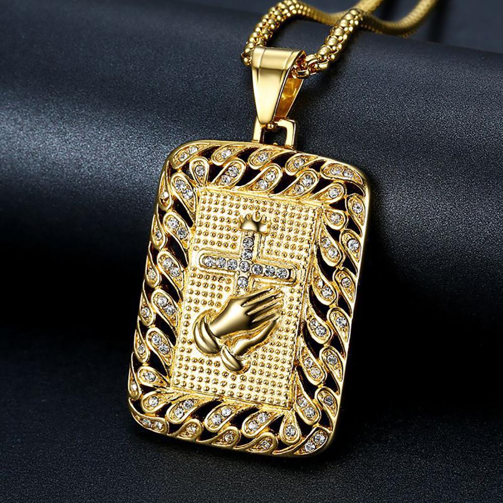 Religious Praying Hands Cross Square Pendant Gold Color Stainless Steel Christian Prayer Necklaces for Men Hip Hop Jewelry Gift