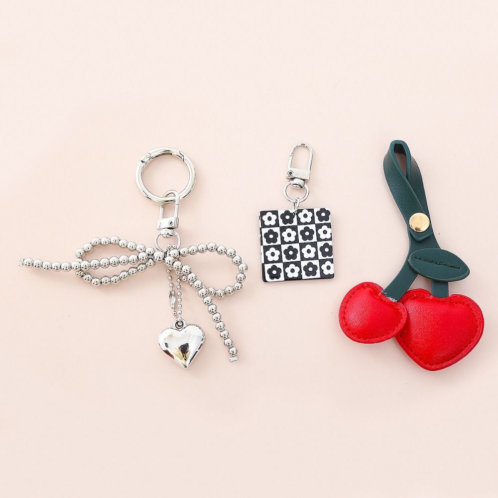 Heart Buckle Cherry Keychain Bowknot Fruit Style Charms Leather Cherry Pendant  Birthday Gift