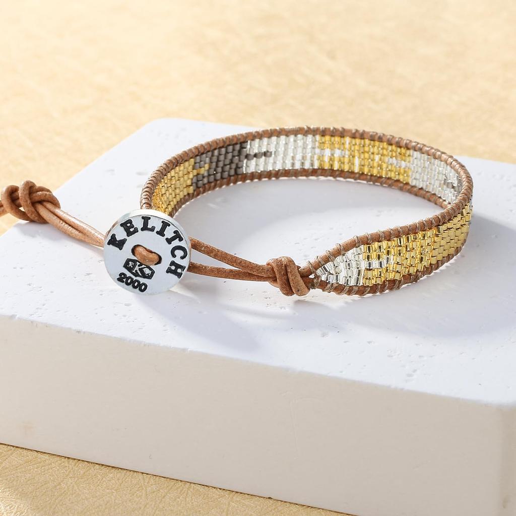 KELITCH Gorgeous Gold Mix Silver Bracelet Leather Handmade Beaded Cuff Bangle