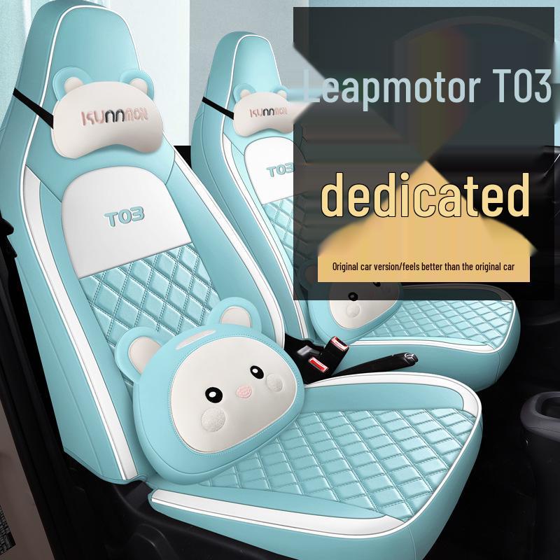 Leapmotor T03 Autositzbezug: Universell, Niedliches Cartoon-Design, Leder, Ganzjahres-Vollabdeckung.
