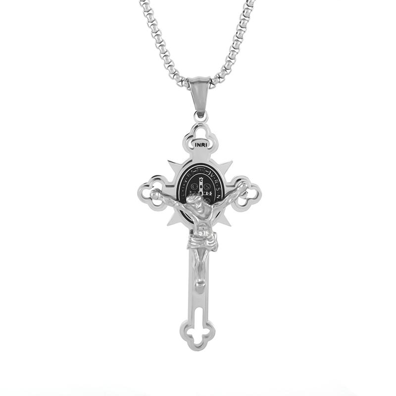 Stainless Steel Christian Saint Benedict Jesus Cross Pendant Necklace Amulet Jewelry Gift for Men Women