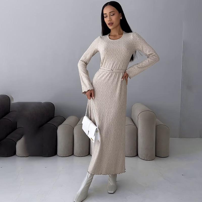 

2025 Spring European & American Knit Lace-up Round Neck Sexy Slim Fit Commute Dress S