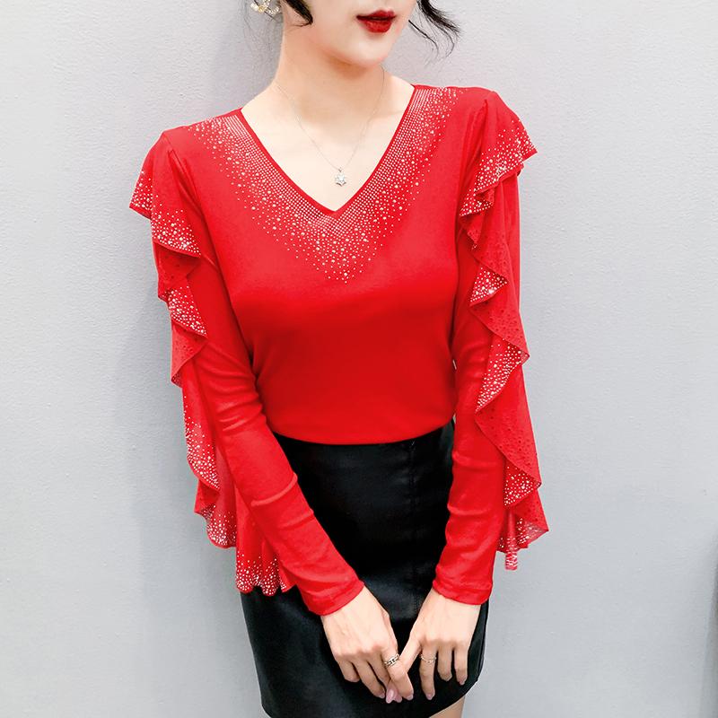 

Spring Autumn Women s Ruffles Sleeve T-Shirt Elegant V-neck Tees Slim Ladies Tops With Rhinestone 3XL