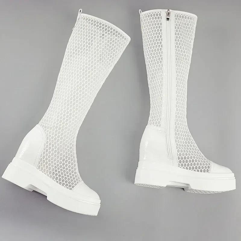 Cizme de vară 2024, cu plasă, pentru doamnă, pantofi cu lift confortabil, cu platformă până la genunchi, sandale cu fermoar cu vârf rotund pentru femei