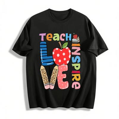 Teach Love Inspired Teacher Apple Pencil Graphic T Shirt Pure Cotton T-shirt