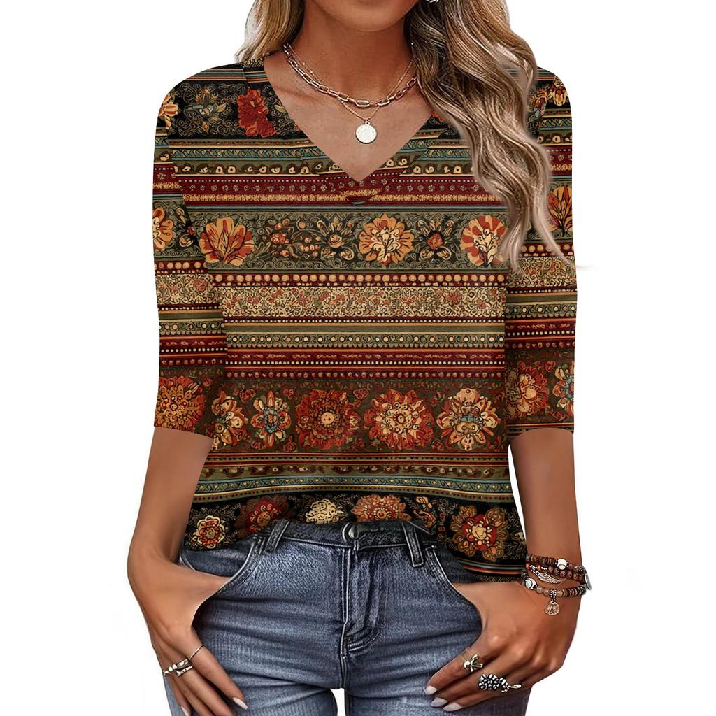 Women's T Shirt Print 3/4 Sleeve Daily Weekend Fashion Basic V- Neck Regular Top