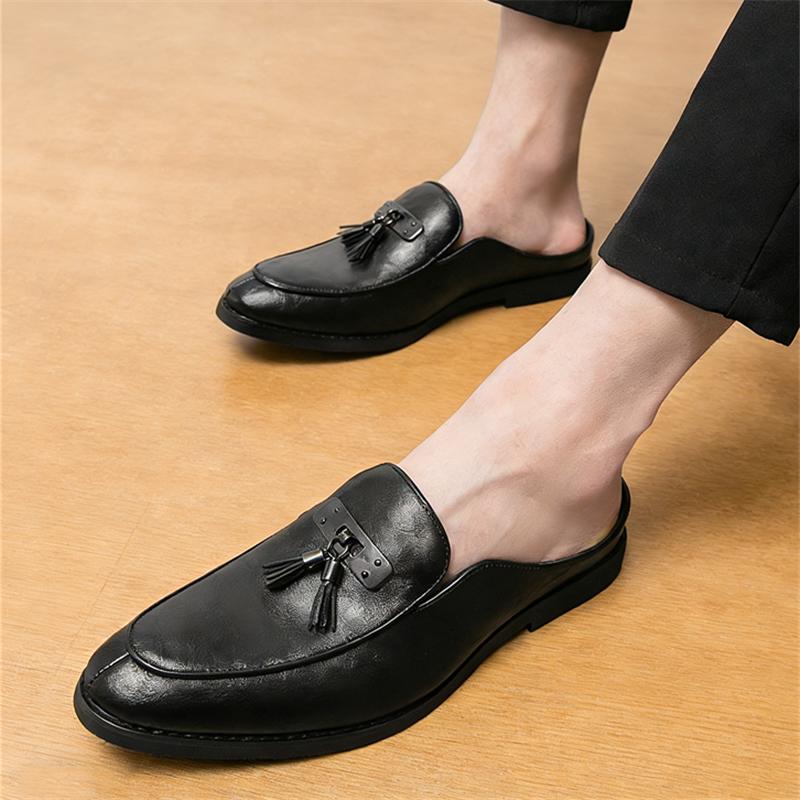 Designer Fashion New Men Black Tassels Half Slippers Shoes Casual Pu Leather Mules Moccasins Breathable Loafers Zapatos Hombre