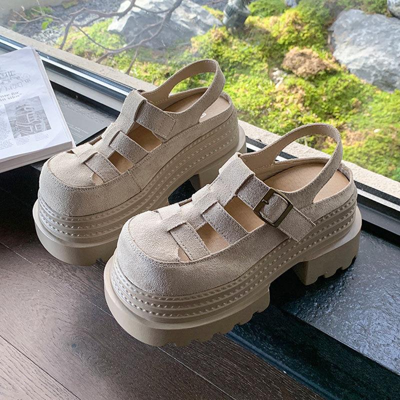 Thick-soled heightening shoes Hollow hole shoes 2025 spring and summer new Mary Jane single shoes Baotou sandals