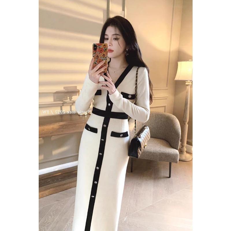 Rich daughter temperament celebrity white knitted bottom hip dress women's early autumn with coat