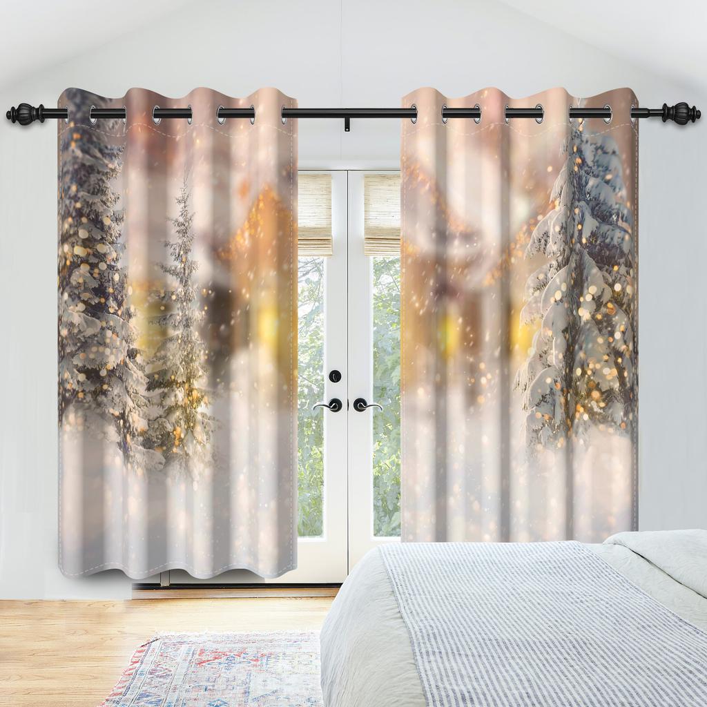 Winter Snow Scenery Blackout Curtains Snowman Pine Forest Pattern Bedroom Living Room Darkening Noise-reducing Window Curtain