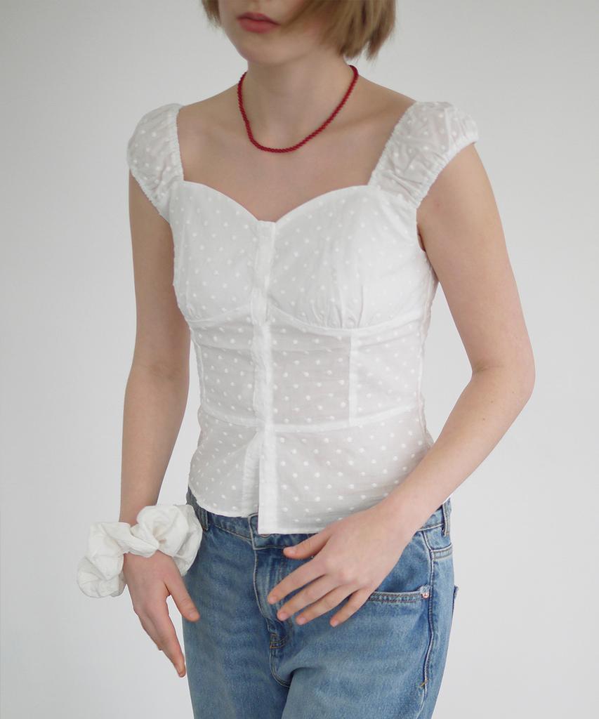 AFTERHOURS Heart Neck Dot Blouse (White)