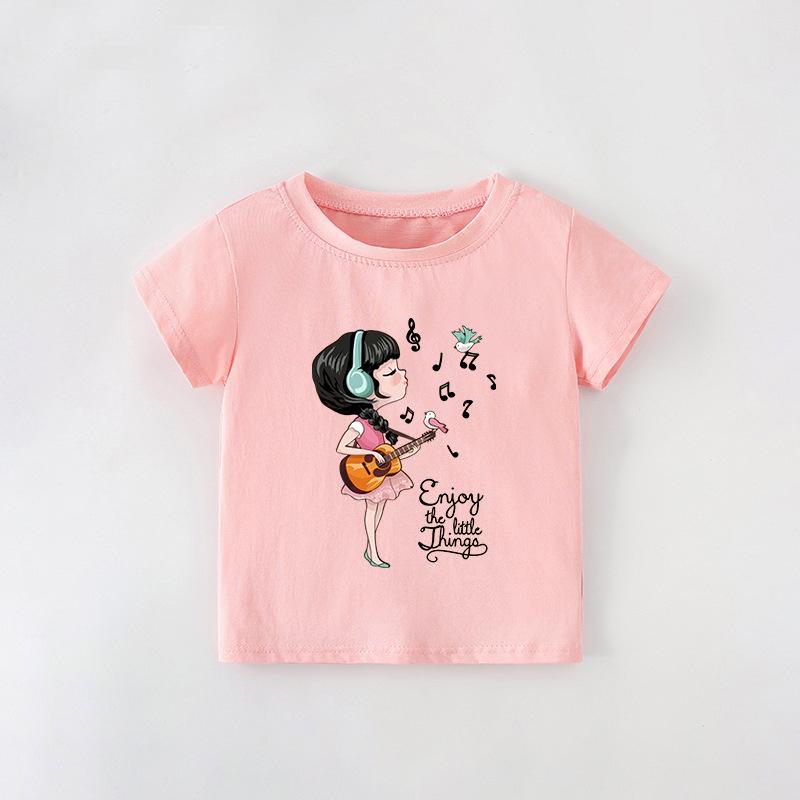 New European Style Girls' Cartoon T-Shirt - Round Neck, Short Sleeve, Summer Wear for Kids