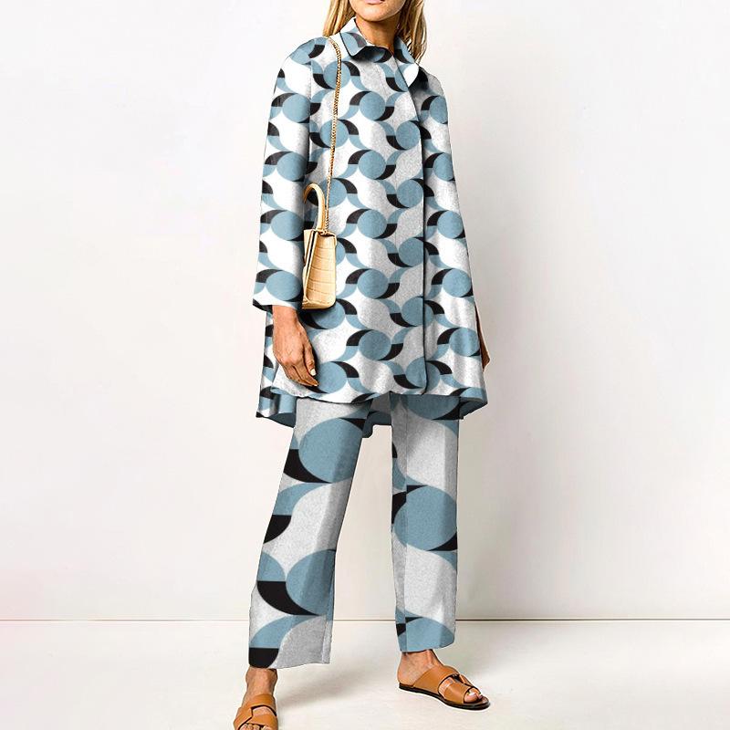 Grünes geometrisches Print Damenhemd und Wide Leg Hosen Kombinationsset