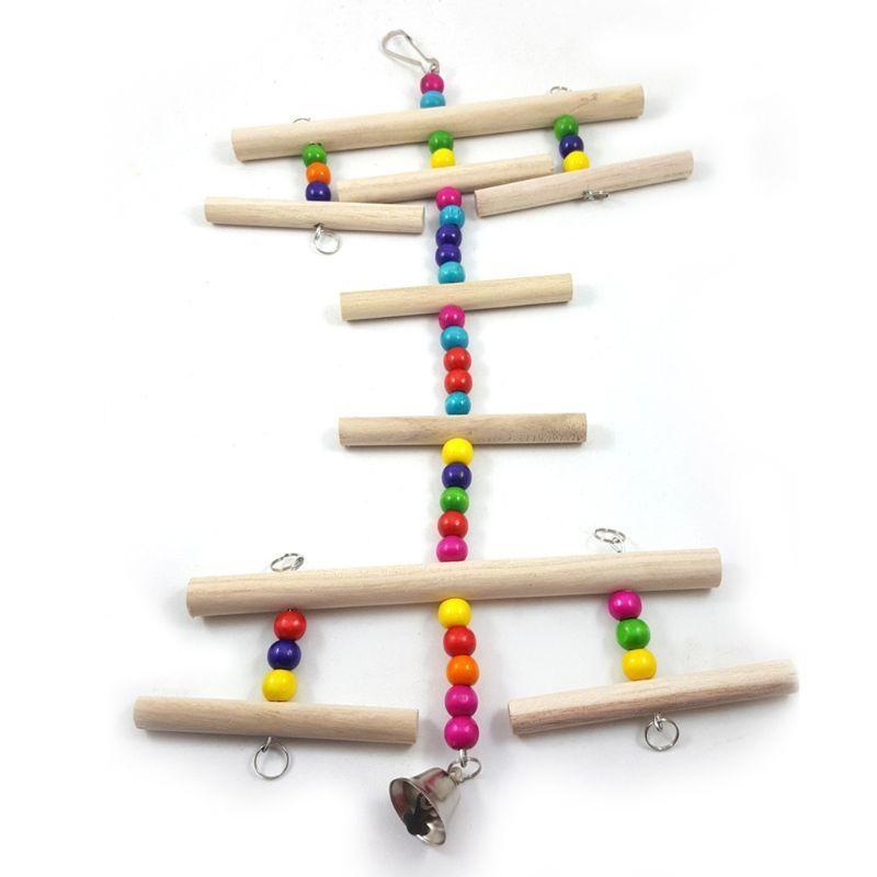 Bird Chewing Toy Wooden Perch Stand Climbing Ladder Parrot Cage Training Colorful Biting Toy with Hanging Hook