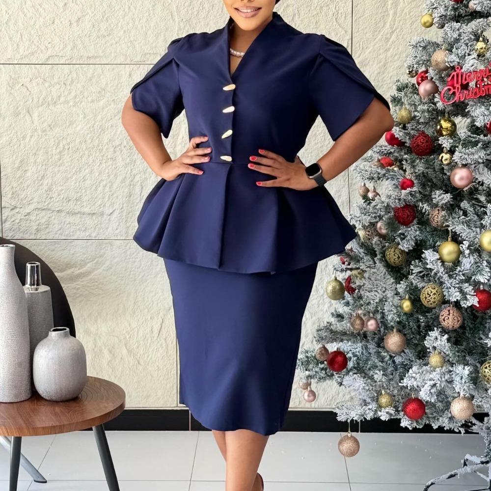 Women's Slim Fit Two-piece Suit Short Sleeve Peplum Top High Waist Pencil Skirt Elegant Office Matching Set Solid Polyester Spandex Co-ord Set