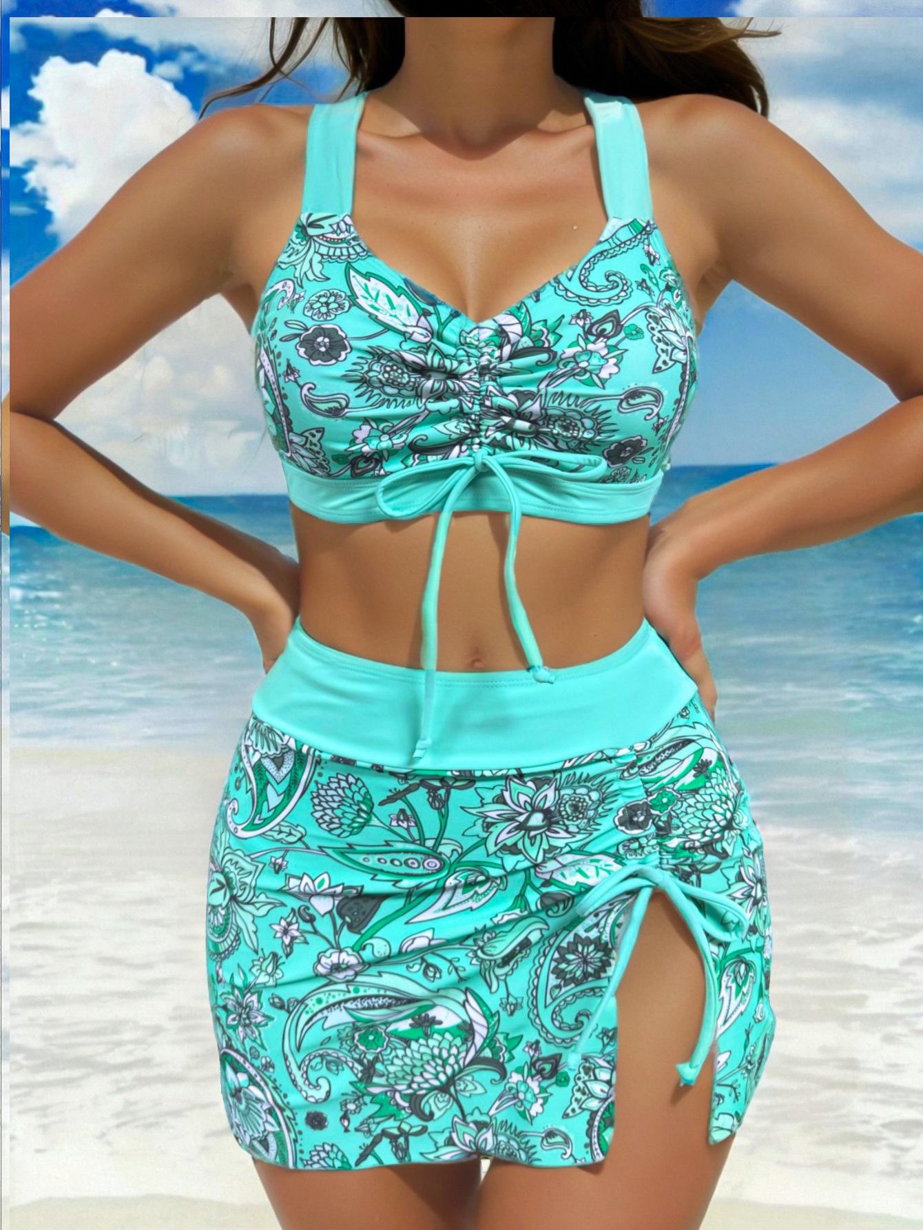 Print Drawstring High Waist Two Piece Bikini Plus Size 3 Piece Set Elegant S
