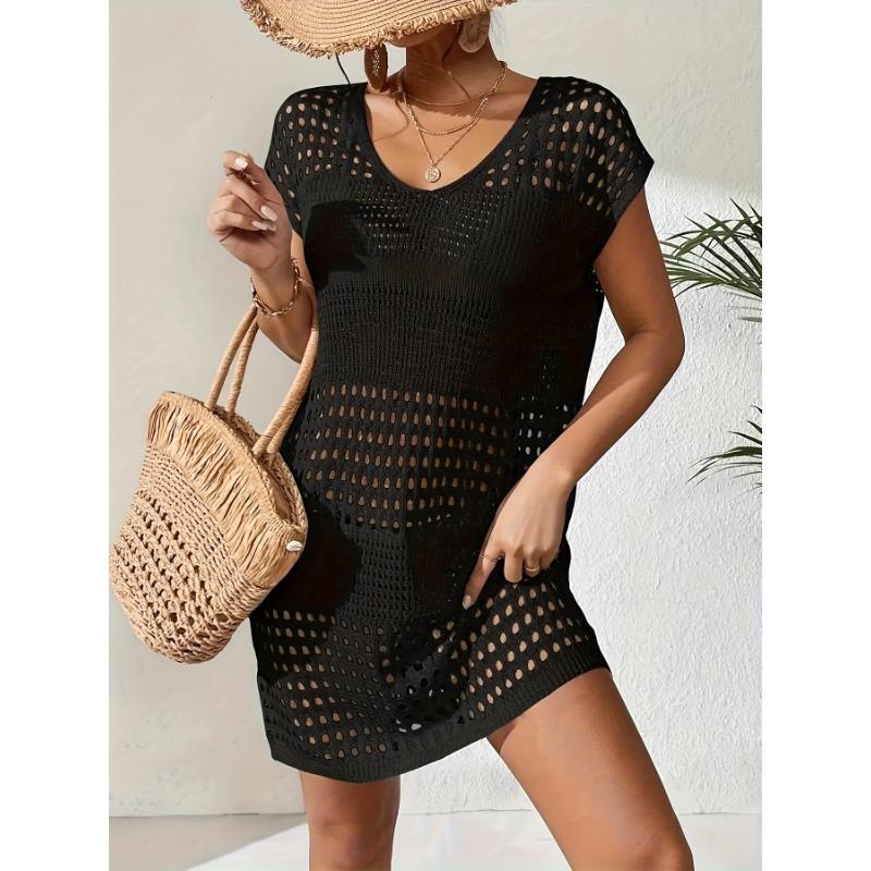 

Шикарное прикрытое платье с V-образным вырезом и вырезом — мягкий трикотаж, однотонное, без рукавов — идеальная одежда для пляжа и отдыха для женщин One Size чёрный