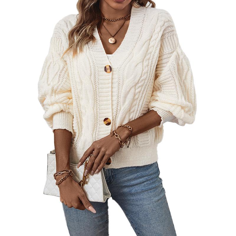 2024 Europäischer und amerikanischer Herbst- und Winterneuheitsartikel, einfarbiger V-Ausschnitt, verdrehter Blumenknopf-Strickpullover, Strickjacke für Damen