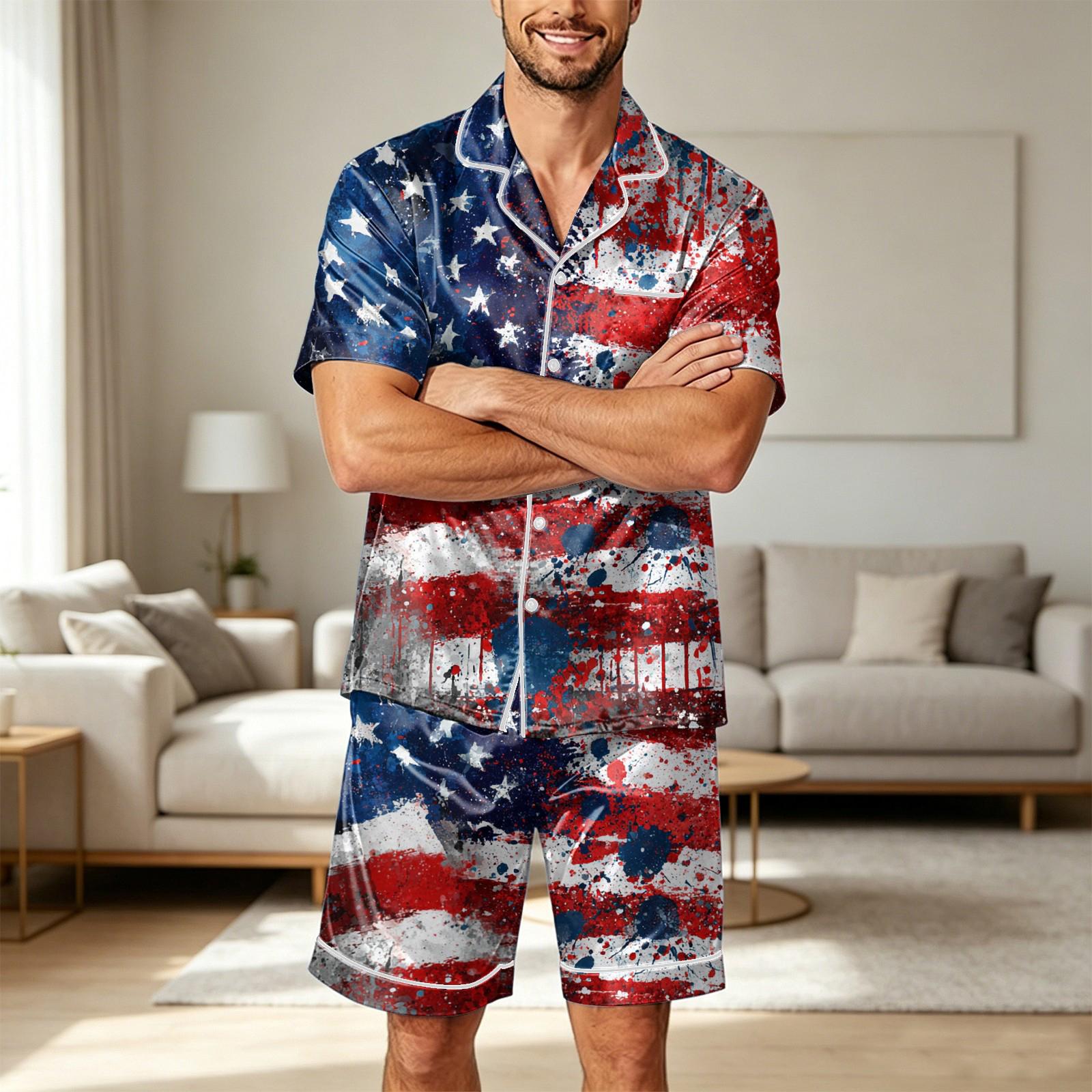 

Men s Satin Short Sleeve Pajama Set Two Piece Soft Lightweight Sleepwear with Shorts and Pockets Button Down Top Lounge Suit M синий