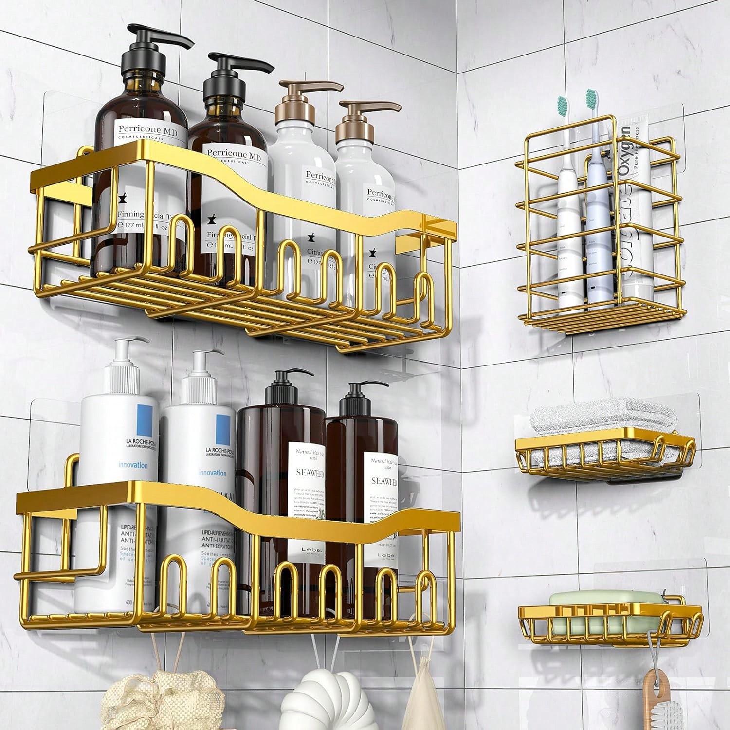 

Rustproof Stainless Steel Adhesive Shower Shelves5 Pack Bathroom Storage Racks with Hooks,Large Capacity No Drill Wall Organizer