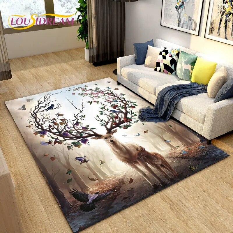 3D Cartoon Nordic Elk Reindeer Area Rug,Carpet Rug for Living Room Bedroom Sofa Doormat Decoration,Child Play Non-slip Floor Mat