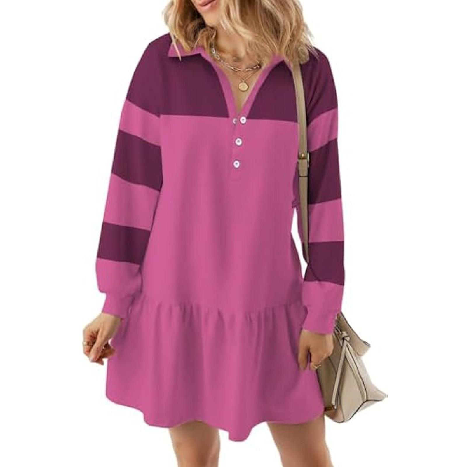 

Женское повседневное платье-пуловер с длинным рукавом и лацканом, однотонное, в полоску, пэчворк XL горячий розовый