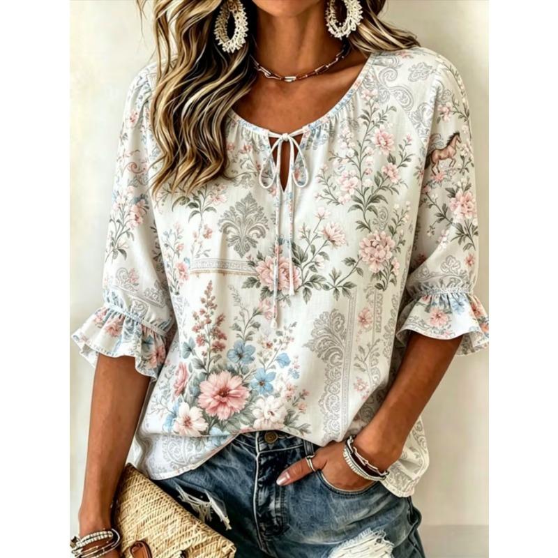 Women's elegant printed lace-up flared top, stylish and versatile, comfortable and skin-friendly