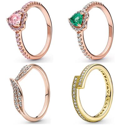 Autentico anello in argento sterling 925 con foglie a cuore rialzate in oro rosa sovrapposte con anello di cristallo per gioielli di moda da donna