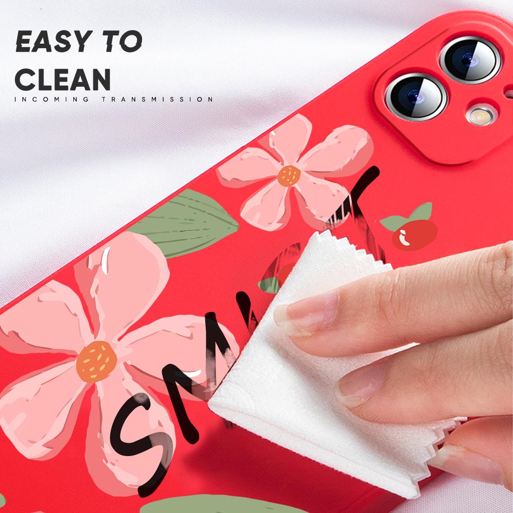 Cartoon Pink Flowers Petals Phone Case Square Edge Pattern Liquid Silicone TPU Full Cover Camera Protect Cover for iPhone OnePlus