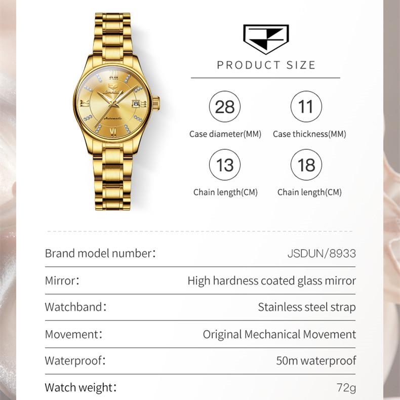 JINSHIDUN Nuevo reloj de negocios y ocio para damas Elegante, ligero, de lujo, informal, resistente al agua, reloj mecánico de calendario único, reloj de alta gama