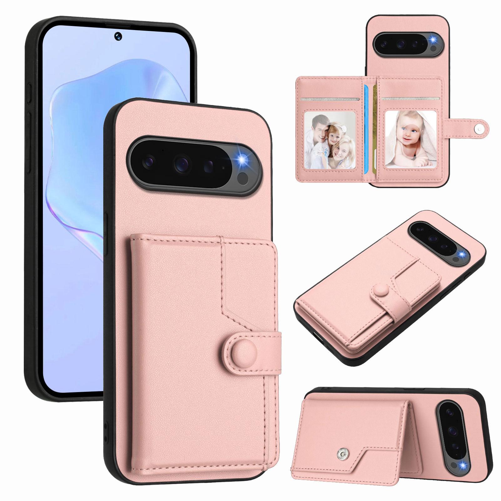 

For Google Pixel 10 Pro XL Case RFID Blocking Card Holder Kickstand TPU+PU Leather Phone Back Cover Rose Gold
