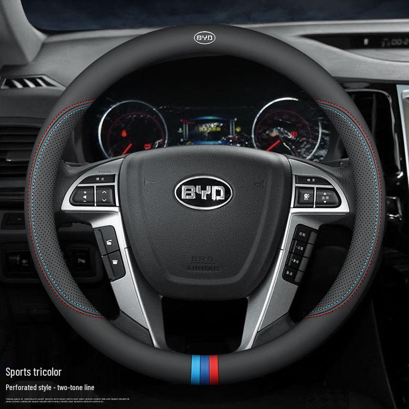BYD New Energy Genuine Leather Steering Wheel Cover - Ultra-thin, All-season for Han, Tang, Qin, Song, MAX, Yuan, E2F3 models.