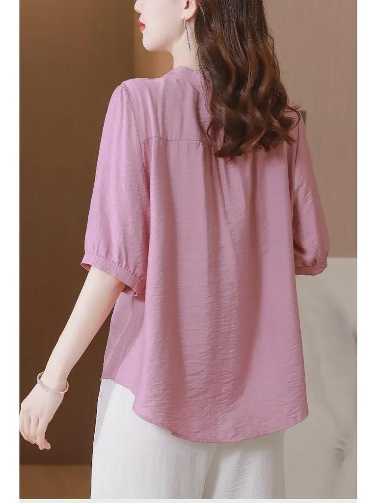 Summer Fashion: Plus Size Women's 5-Point Sleeve Loose Slim Shirt for Middle-Aged Moms