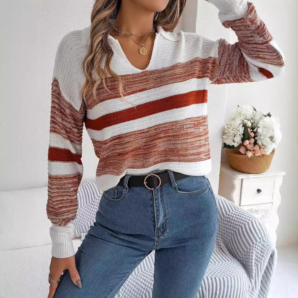 Women's Hooded Sweatshirt with Casual Collar and Contrast Striped Long-Sleeved Knitted Pullover