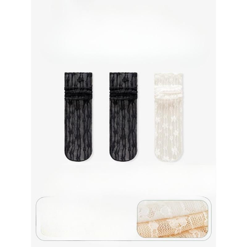 3 Pairs of Women's Summer Thin Lace Flowers In The Tube Pile Socks