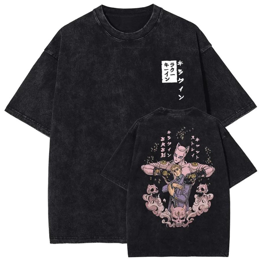 Anime 'JoJo's Bizarre Adventure' Killer Queen Printed Men's T-Shirt, Comic Cotton Washed T-Shirt, Harajuku Style T-Shirt