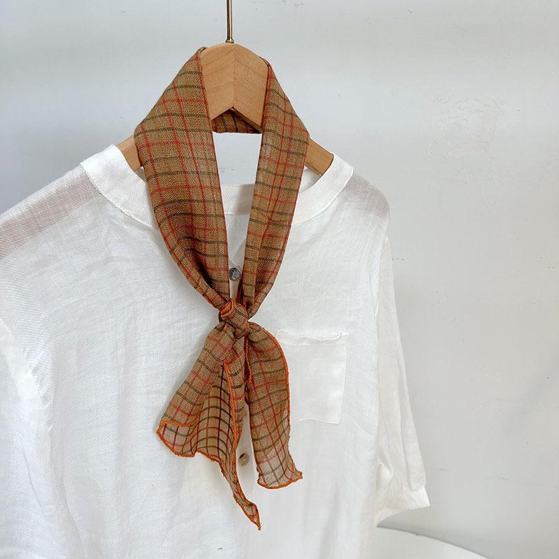 Retro Small Plaid Linen Square Scarf Literary And Versatile Women'S Summer Neck Protection Small Silk Scarf Scarf Accessories