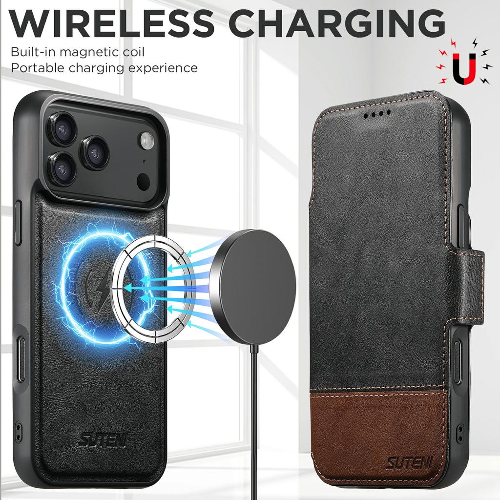 SUTENI Q-06 Puzdro pre iPhone 17 Pro Max Farebné prešívanie Magnetický odnímateľný Kožený kryt na telefón