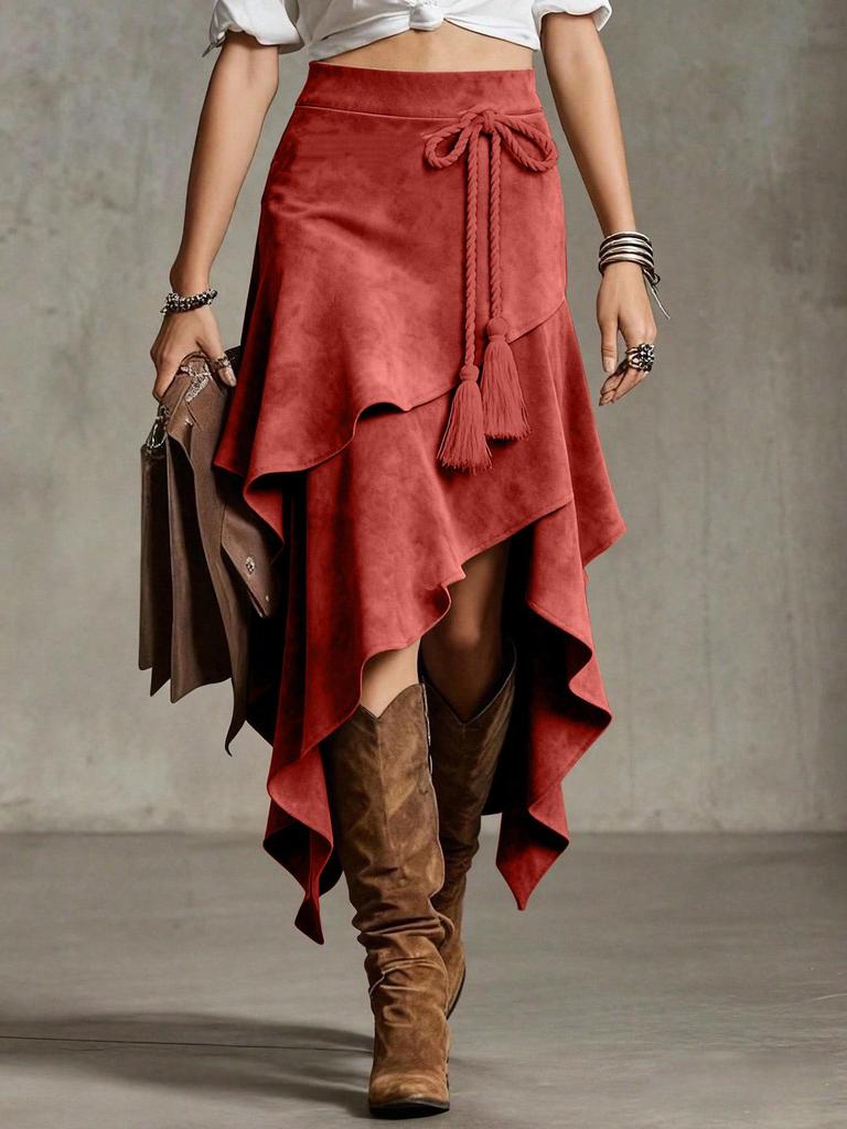 Retro Europäischer Unregelmäßiger Westlicher Wildlederrock, Einfarbig, Kollektion 2026