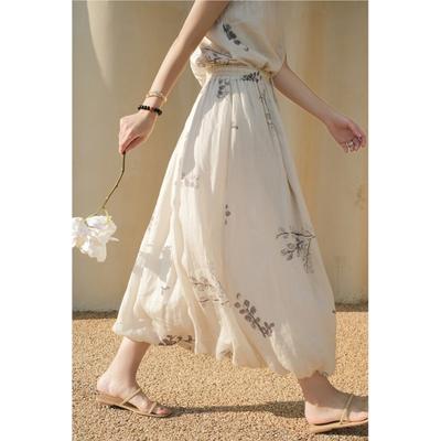 Woman Autumn Niche Print Vintage Splicing Casual A-Line Skirt Fashion Chinese Style Retro Personality Skirt