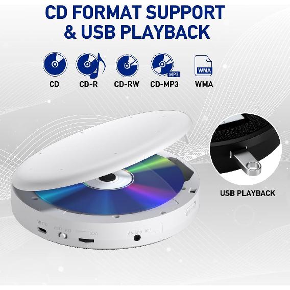 Rechargeable Portable CD Player with Dual Speakers and Anti Skip,Dual Bluetooth,FM Transmission,USB,AUX,LCD Display,Sensitive Button,Repeat,10 Speeds