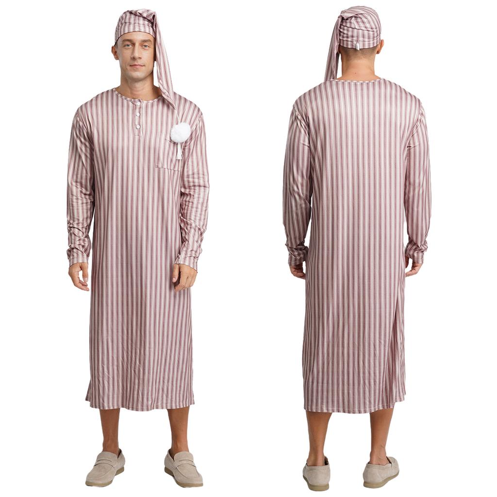 Men's Soft Loose Sleepwear Striped Long Sleeve Nightshirt with Sleeping Cap Pajama Set