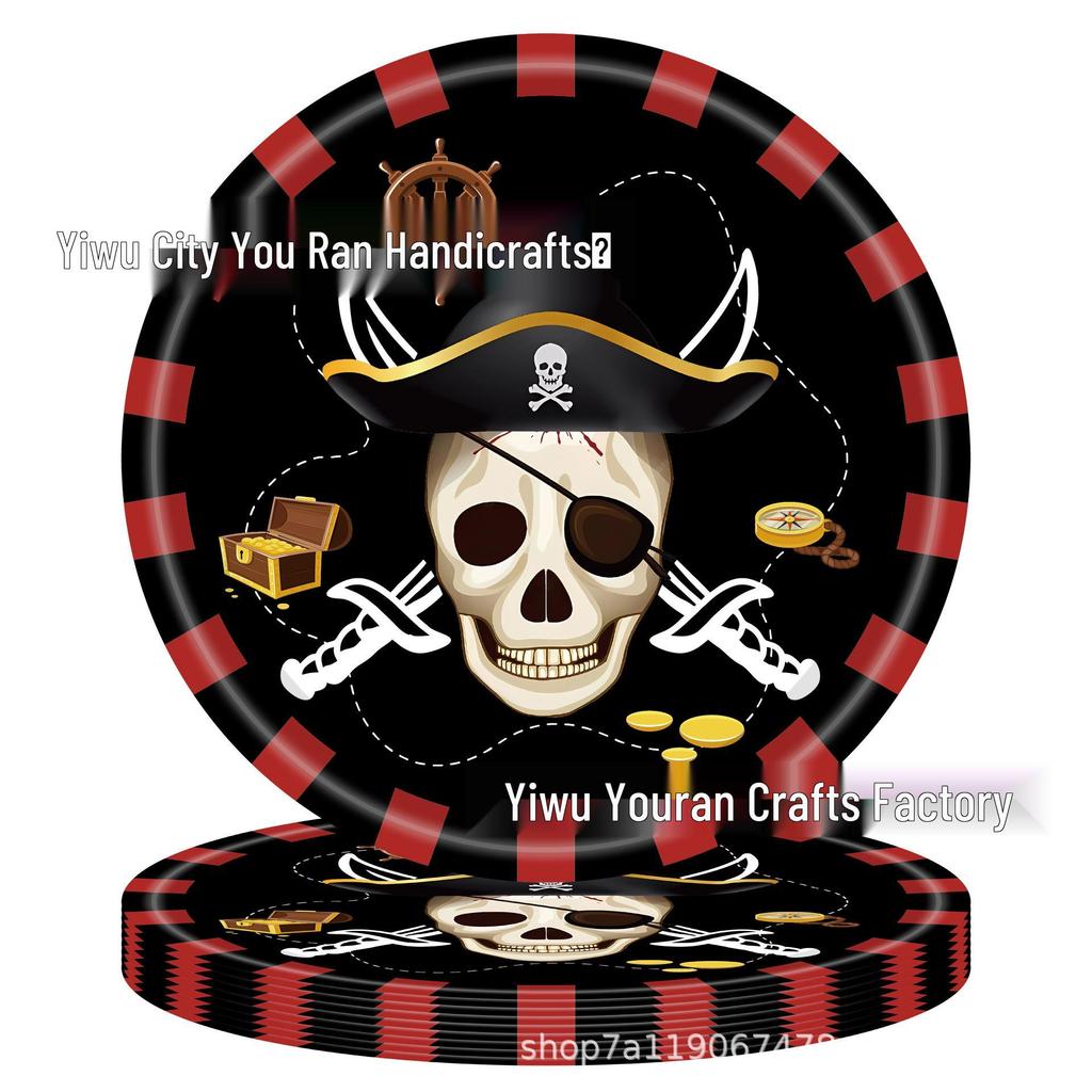 Children's Pirate Party Set: Red & Black Skull Plates, Tablecloth, Napkins