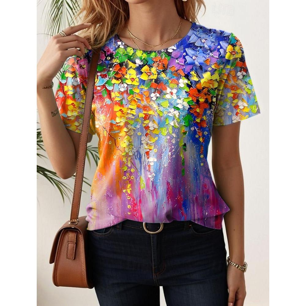 Summer women's T-shirt, fashionable with floral patterns, classic and elegant round neck short sleeved T-shirt, regular round neck T-shirt