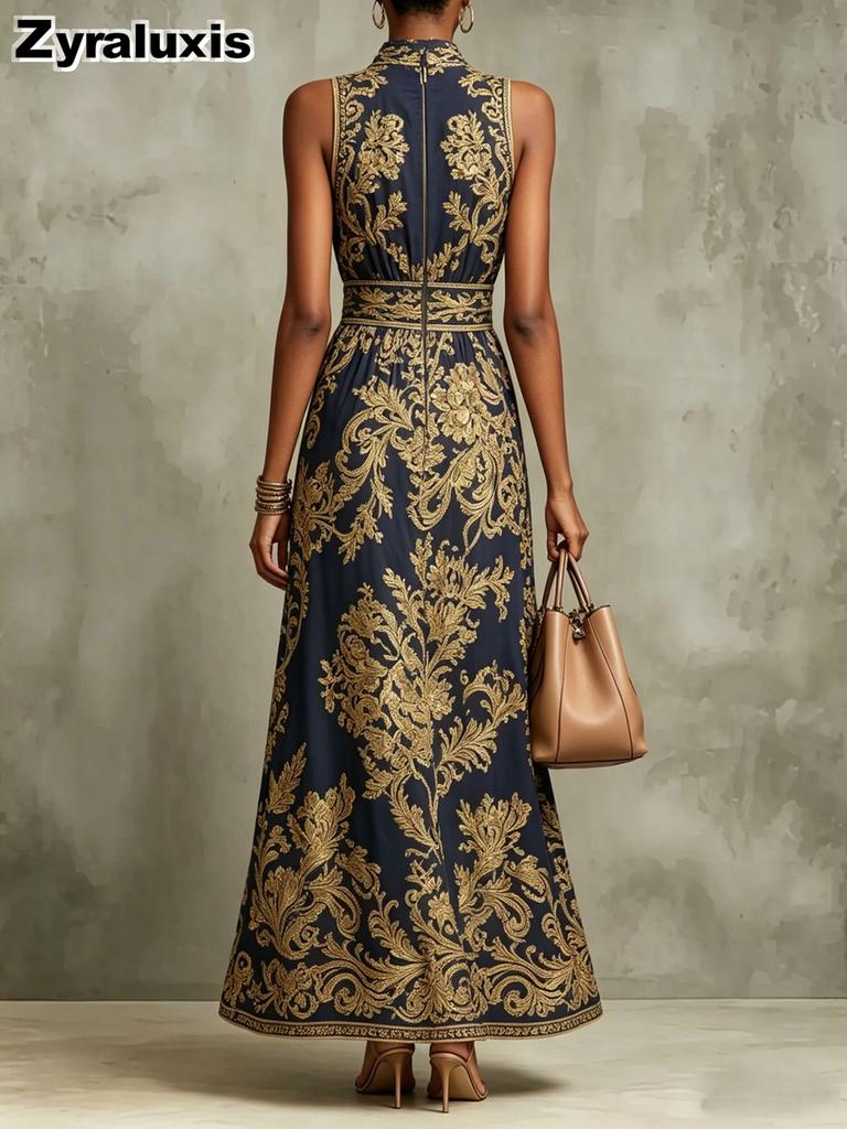 Vintage Golden Embroidery Long Sleeve Dress Slim Fit Evening Party Wedding Formal Gown for Women