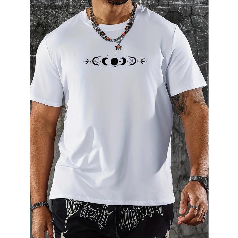 European sizes Men'S White Bohemian Moon & Star Print T-Shirt - Breathable Regular Fit Short Sleeve Round Neck Tee with Crescent